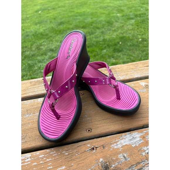 Skechers Shoes - Skechers Cali Womens Pink Black Wedge Flip Flops Studded Platform Sandals Size 6
